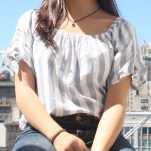 Thrifted white blue blouse with ribbons on sleeve